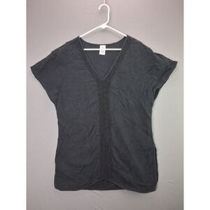 Kona Sol Swim Cover Up Top Crochet Lace Gauze V-Neck S Black Boho Beach Tunic